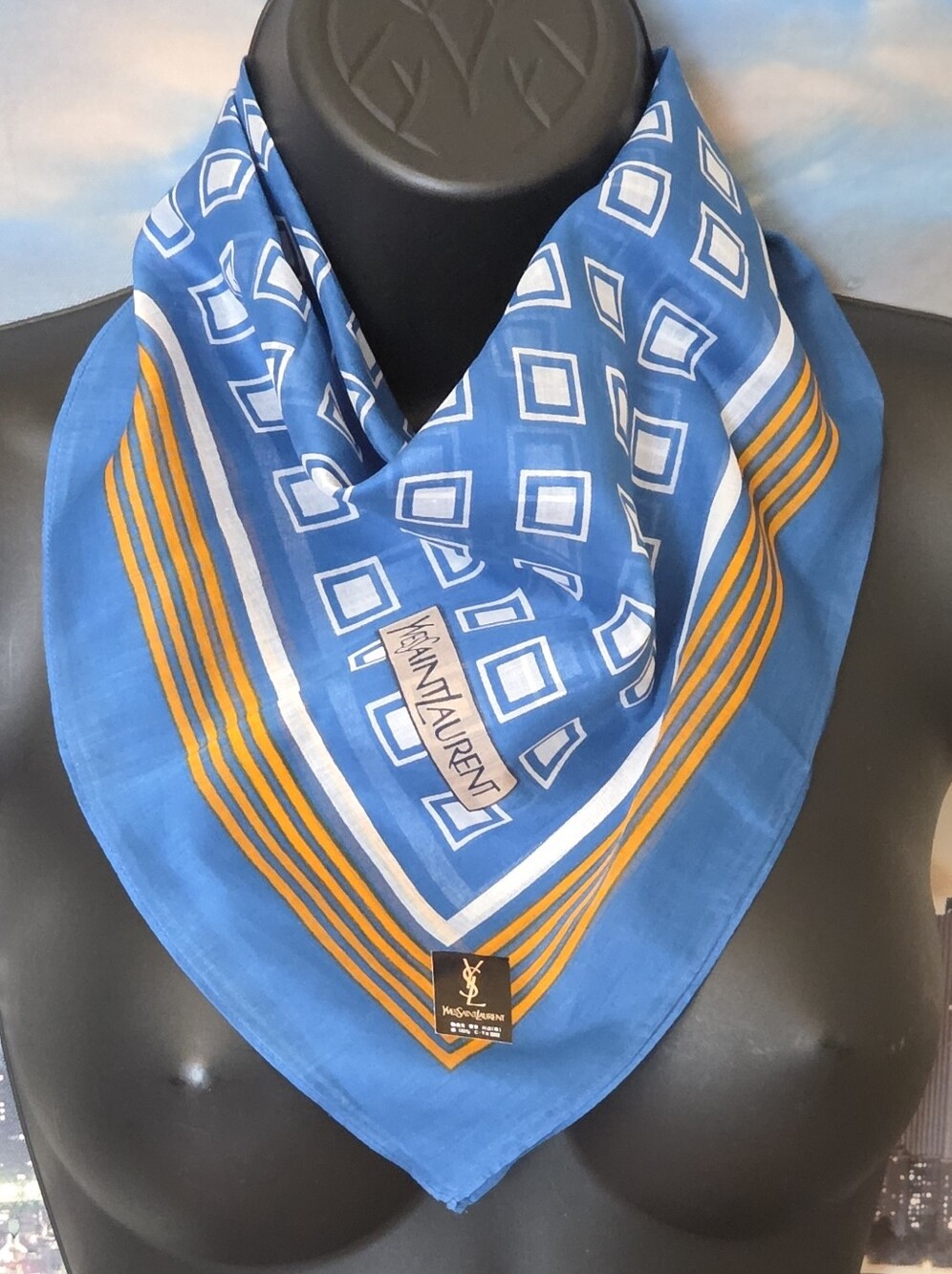 Yves Saint Laurent Blue and White Geometric Scarf with Gold Accents - Picture 10 of 12